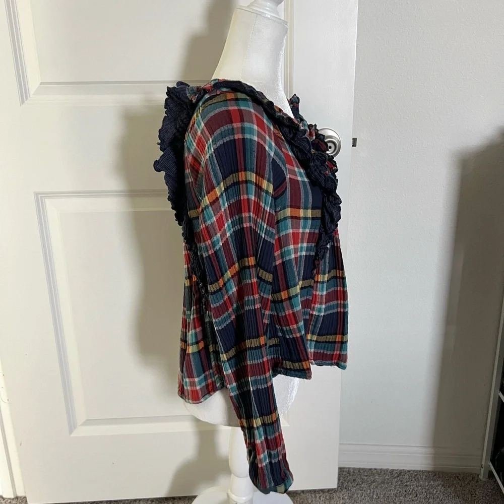 EUC Free People Multicolor Plaid Ruffle Blouse Small - Picture 7 of 12